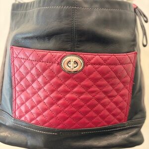 Coach Black Leather Shoulder Bag with Quilted Red Front Pocket